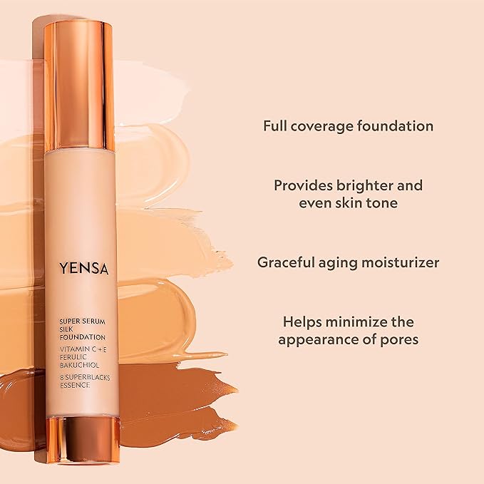 YENSA Super Silk Foundation - Full Coverage, Age-defying complex of Vitamin C, E, Ferulic, and Bakuchiol Oil (Deep 1) 1.0 fl oz