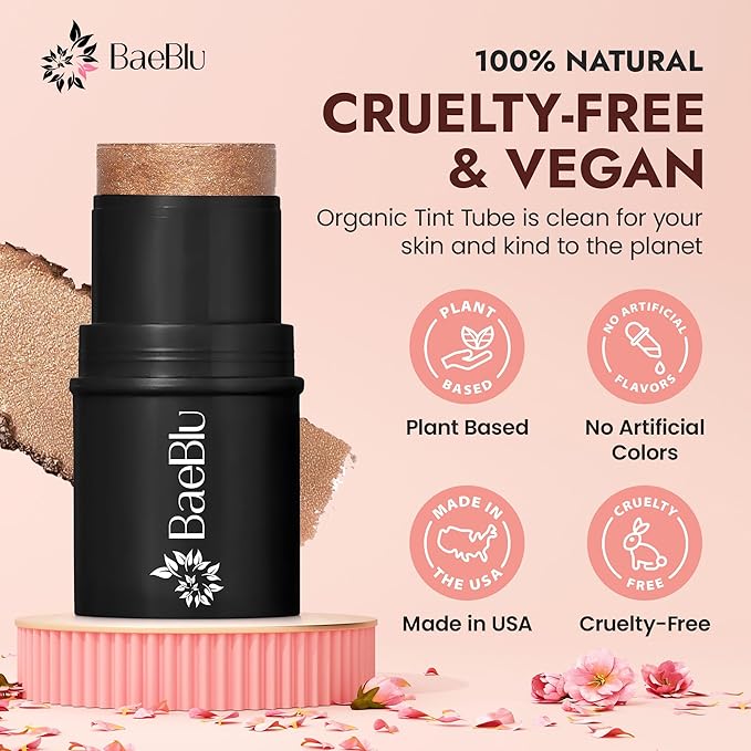 Organic Blush Tube, Amaretto - 100% Natural Vegan Cream Blush Sticks, Multi-Use Bronzer, & Highlighter for Lips, Cheeks & Eyes, Buildable Shimmer, Gluten-Free, Paraben-Free, Made in USA