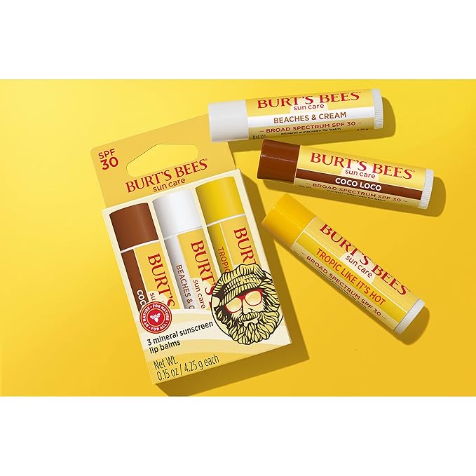 Burt’s Bees SPF 30 Lip Balm Mothers Day Gifts for Mom, Island Getaway - Coco Loco, Beaches & Cream, Tropic Like It's Hot, Water-Resistant Sun Care, Natural Origin Lip Treatment, 3 Tubes, 0.15 oz