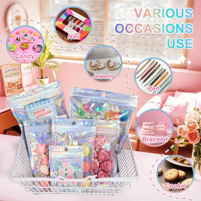 ANZNKU 100 Pack Mylar Bags Reasealable Holographic Bags, Smell Proof Bag Zipper Pouches with Clear Window, Jewelry Candy Sealable Bag for Packaging Sample Party Favor (4.7 x 7.9 Inch)