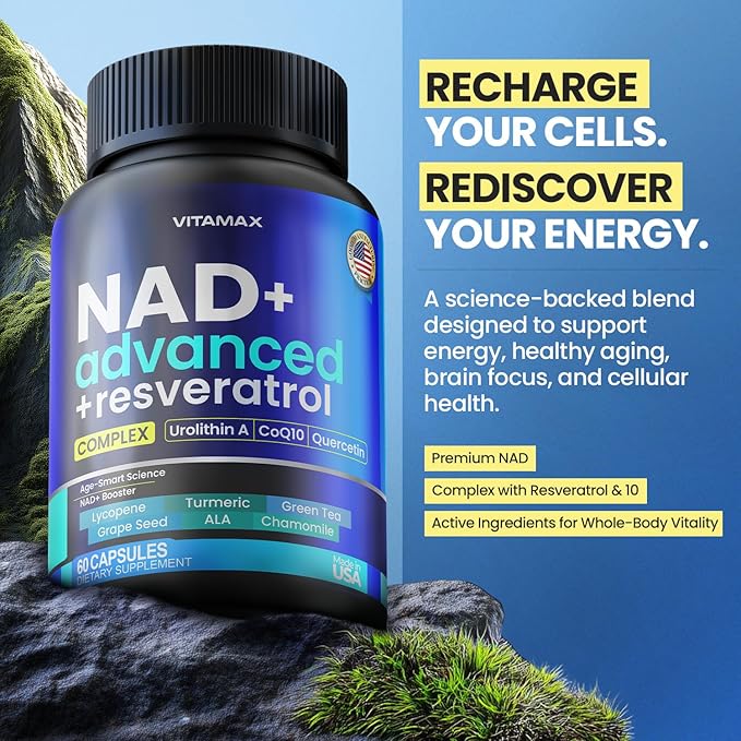 NAD Supplement Extra Strength - Liposomal + Resveratrol for Women & Men, CoQ10, Alpha Lipoic Acid, Green Tea, Quercetin, Urolithin A, Lycopene – High Purity Anti-Aging, Energy & Regeneration – 60ct