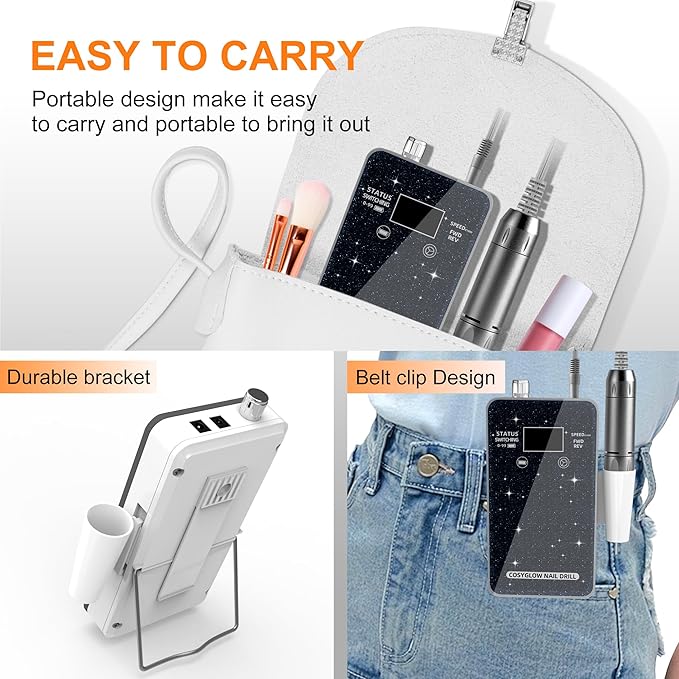 Professional Electric Nail Drill File:COSYGLOW Glitter Portable Cordless E-File Nail Drill Kit with 11 Drill Bits,30000 RPM Rechargeable Nail Drills Machine for Acrylic Nails Gel Polishing(Black)