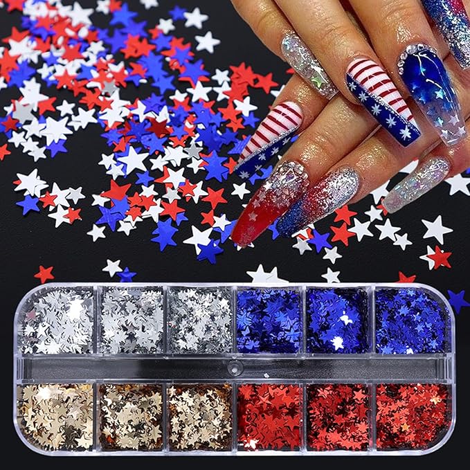 12 Grid July 4th Nail Art Glitter Sequins Independence Day Star Nail Decal Gold Glitter Flakes for Women