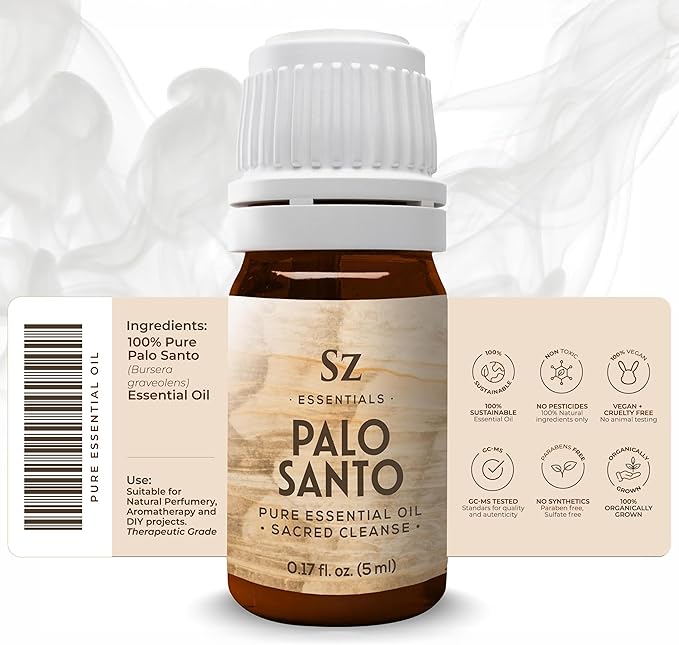 Palo Santo Essential Oil – 100% Pure – Ethically Sourced from Peru – Sacred Oil for Ritual Use, Spiritual Cleansing & Energy Clearing – Bursera graveolens – Vegan – 0.17 fl oz (5mL)