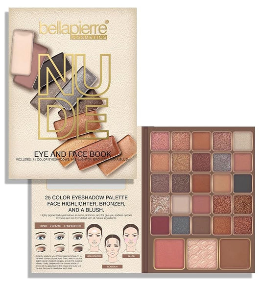 Bellapierre Nude Face & Eye Book Palette | 25 Eyeshadow Shades with Blush, Bronzer, & Highlighter | Non-Toxic & Paraben Free | Vegan & Cruelty-Free
