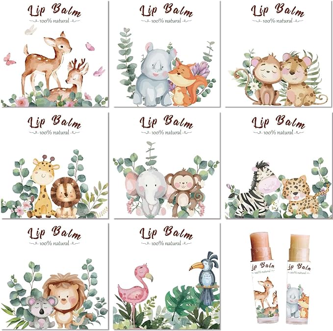 CRASPIRE 80Pcs 8 Styles Lip Balm Sticker Animals Self-Adhesive Cartoon Monkey Lion Homemade Lip Balm Containers Labels Vintage Square DIY Label Paper Sticker for Woman Cosmetics Lipsticks Decor