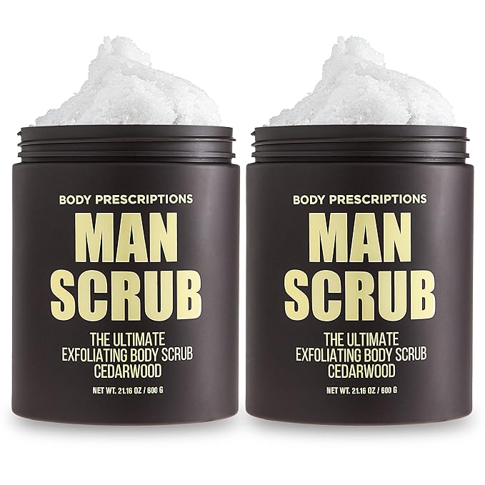 Body Prescriptions Men’s Exfoliating Body Scrub – Ultimate Skin Cleansing Wash in Jar with Twist-Top Lid, For All Skin Types, 21 Ounce (Pack of 2), Cedarwood