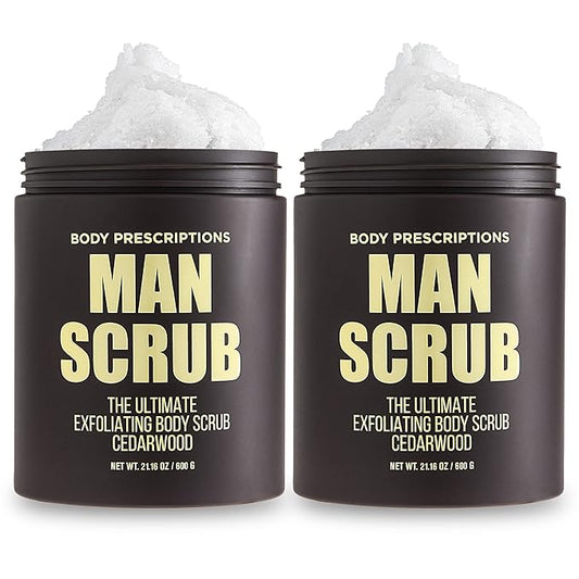 Body Prescriptions Men’s Exfoliating Body Scrub – Ultimate Skin Cleansing Wash in Jar with Twist-Top Lid, For All Skin Types, 21 Ounce (Pack of 2), Cedarwood