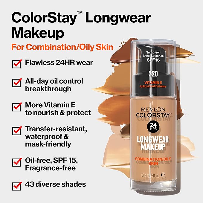 Revlon Liquid Foundation, ColorStay Face Makeup for Combination & Oily Skin, SPF 15, Medium-Full Coverage with Matte Finish, Golden Beige (300), 1.0 oz