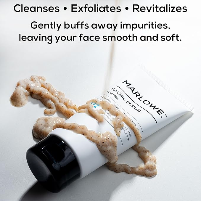 MARLOWE. No. 122 Facial Scrub 6 oz, Gentle Face Exfoliator with Apricot Seed Powder & Pumice, Cleanses & Smooths, Fresh Pine & Agarwood Scent