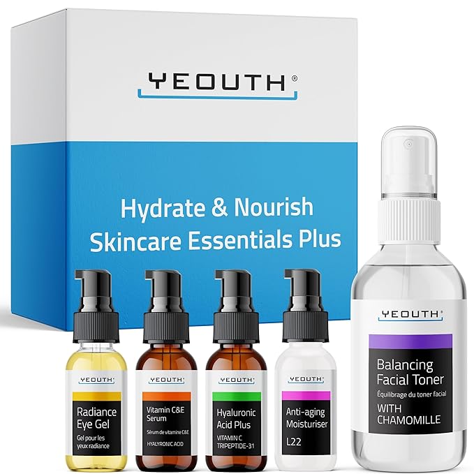 YEOUTH Skin Care Set: Hyaluronic Acid Serum for Face, Vitamin C Serum, Facial Toner, Under Eye Gel, Face Cream, Skin Care Kit for Women & Men 5-Piece