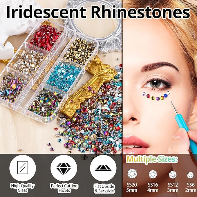 Colorful Face Gems for Makeup Set, Flatback Gorgeous Clear Glass Gem and Mixed-Colored Crystals with Makeup Glue+Picker Pencil+Tweezer+Dual-End Dotting Tool for Eye Body Hair Make-up and Nail Art Deco