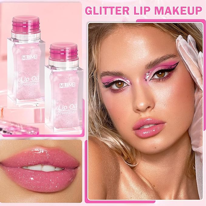 2PCS/Set MILEMEI Color Changing Lip Oil Magic Moisturizing, Big Brush Plumping Lip Oil, Plumping Glimmer Glow