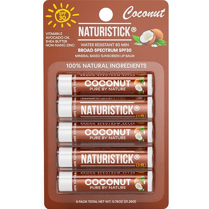 Naturistick SPF 30 Vegan Lip Balm – Mineral Sunscreen with Zinc Oxide | Broad Spectrum UVA/UVB Protection | 100% Natural, Coral-Friendly Formula | Oxybenzone Free | 5-Pack Coconut | Made in USA