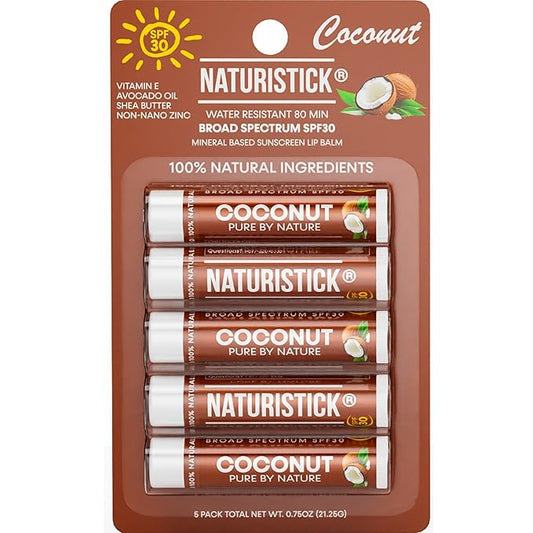 Naturistick SPF 30 Vegan Lip Balm – Mineral Sunscreen with Zinc Oxide | Broad Spectrum UVA/UVB Protection | 100% Natural, Coral-Friendly Formula | Oxybenzone Free | 5-Pack Coconut | Made in USA