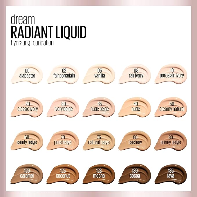 Maybelline Dream Radiant Liquid Medium Coverage Hydrating Makeup, Lightweight Liquid Foundation, Porcelain Ivory, 1 Count