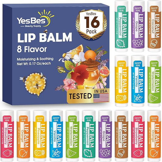 16 Pack Lip Balm, Natural Lip Balm Bulk with Vitamin E and Coconut Oil, Moisturizing Lip Balm for Dry Cracked Lips, Lip Balm for Stocking Stuffers - 8 Flavors