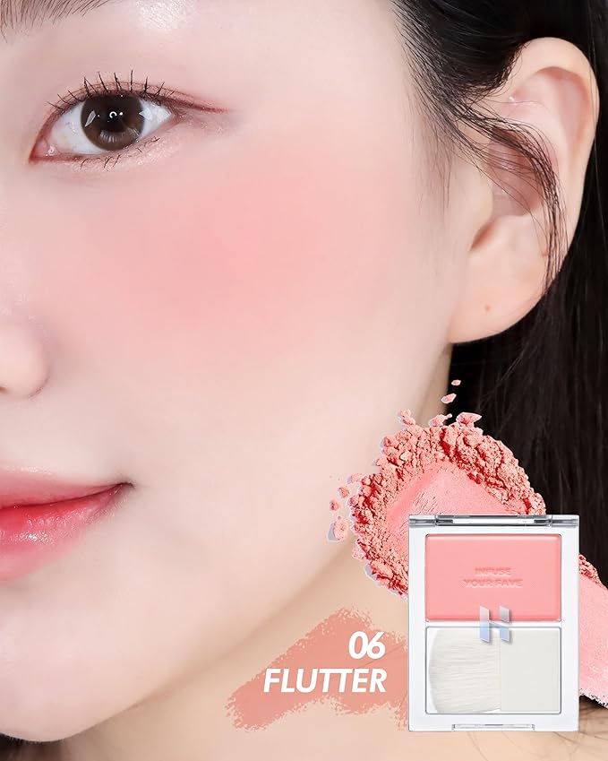 HOLIKA HOLIKA Infusing Blush with Brush - Lightweight, Smooth, Blendable Cheek Blusher, Sebum-Control, Natural Pore Coverage, Built-In Brush, Long-Lasting Pigment for Romantic Mood (06 FLUTTER)
