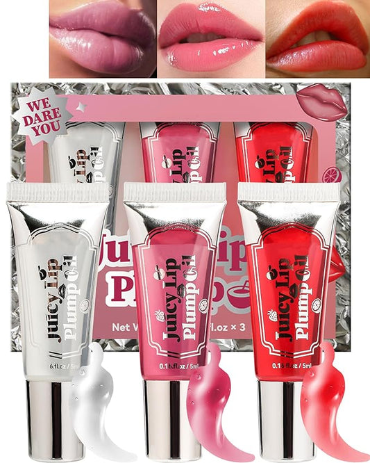 Plumping Lip Oil Kit-3Pcs Hydrating Glossier Tinted Lip Gloss,Long Lasting Lip Plumper and Pout Booster LIpgloss, Moisturizing Non-Sticky Natural Fuller Lip Tint Stain, Makeup Gift for Women-Set A