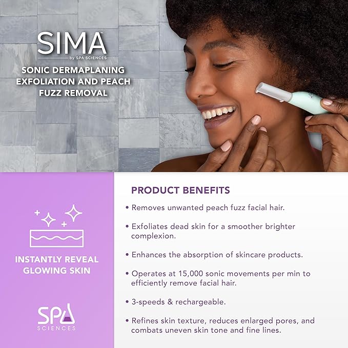 SPA SCIENCES - SIMA Patented Dermaplane Razor for Women Face – Painless 2-in-1 Facial Exfoliation & Peach Fuzz Hair Removal – Anti-Aging – 3 Speeds – Rechargeable – 7 Weeks Treatment