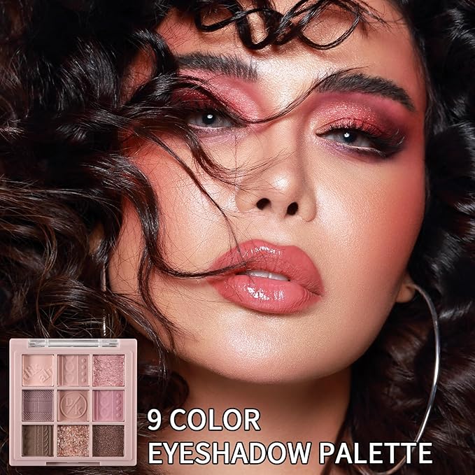 Erinde 9 Colors Eyeshadow Palette, Matte Shimmer Glitter Eye Shadow Makeup Palette, Highly Pigmented Long Lasting Waterproof, Natural Neutral Nude Eyeshadow Makeup Pallet, Pink Purple Rose