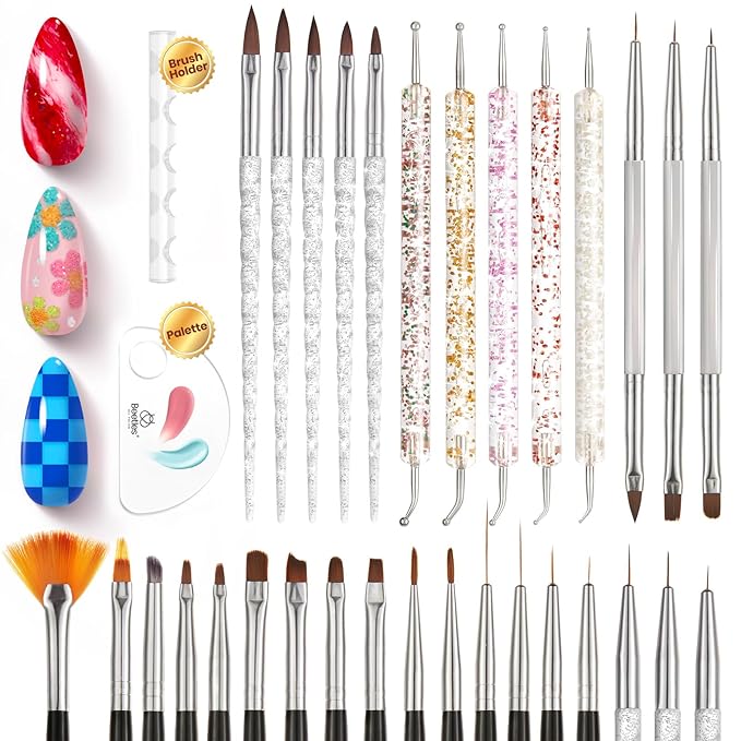 Beetles 31pcs Nail Art Brushes, Dotting Tools, Nail Art Pens, Dust Brush, Striping Liner Fingernail Drawing Pens with Palette Holder All in One for Starter Manicure Design Set