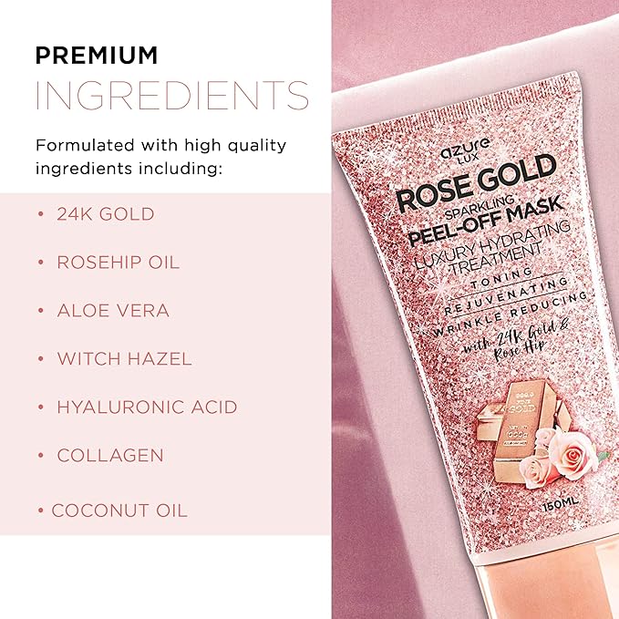 Azure Cosmetics Rose Gold Sparkling Peel-Off Face Mask – Luxury Hydrating & Firming Skincare with 24K Gold & Rose Hip Oil – Helps Reduce Fine Lines, Tone Skin & Improve Texture – 150 ml