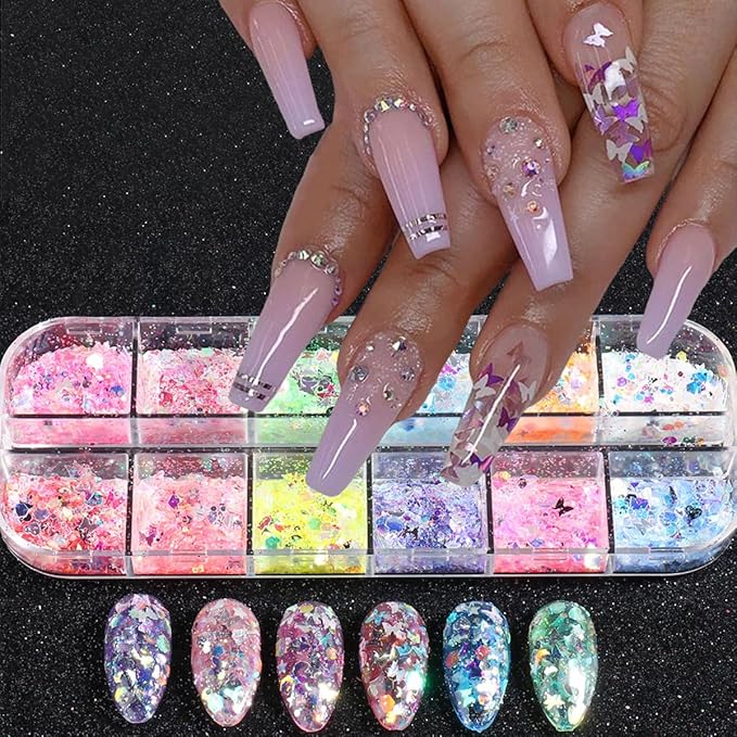 12 Grids Flaky Nail Art Glitter Sequins 3D Heart-Shaped Butterfly Ultra Thin Nail Art Sparkly Flake Designs Moon Stars Decorations Nail Glitter Sequins Suitable for Female Girl Nail Art Techniques