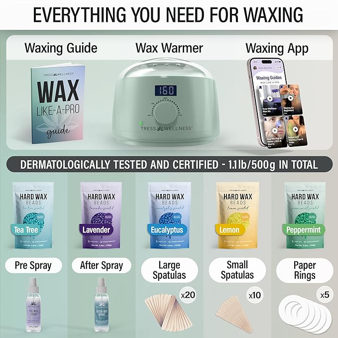 Tress Wellness Waxing Kit for Sensitive Skin – Safe for Face & Skin, Prep & Aftercare Spray, Easy to Use – At-Home Kit for Face, Bikini, Brazilian & Full Body - Digital Display, Green