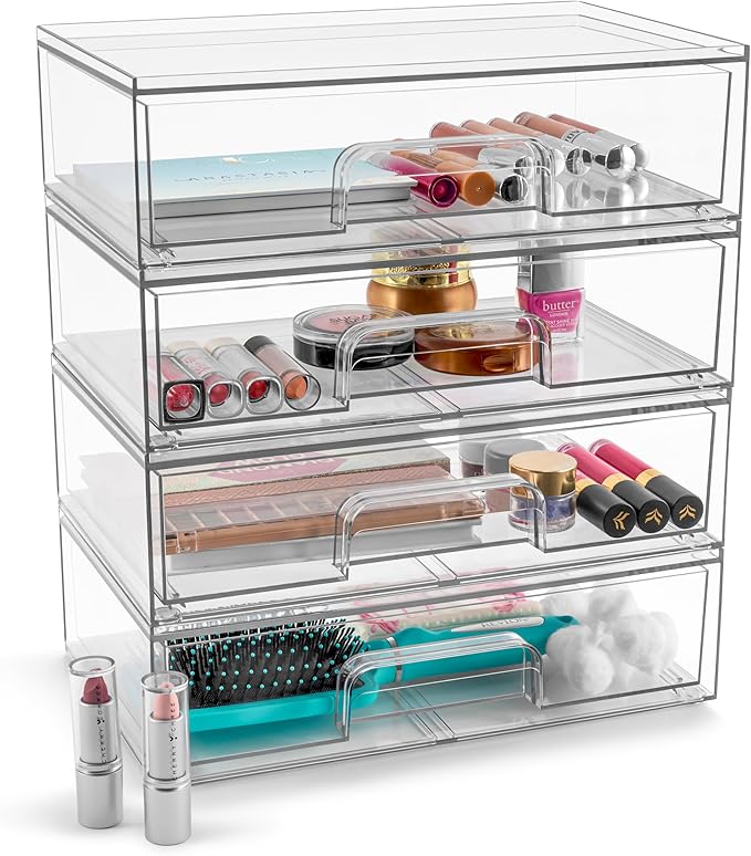 Sorbus Acrylic Storage Containers - 4 Pack, Stackable Storage Bins Set for Bathroom Organization - Clear Acrylic Drawer Organizers - Makeup Case Pull-Out Drawers (12.1’’ Wide)