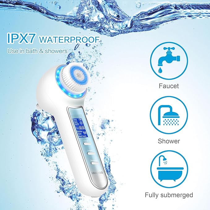 Face Scrubber Exfoliator,Facial Cleansing Brush Waterproof with LCD Screen,Blackhead Remover Vacuum with 5 Brush Heads,Face Spin Brush for Exfoliating (White-Blue)