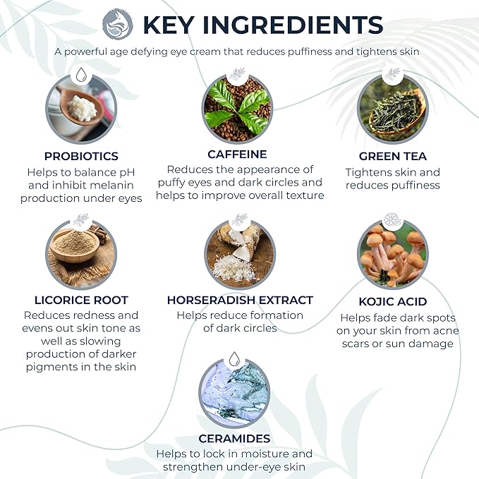 Brightening Probiotic Caffeine Eye Cream for Dark Circles, Puffiness, and Fine Lines | Anti-Aging with Green Tea, Kojic Acid, Licorice Root, Pomegranate Extract - 0.5oz