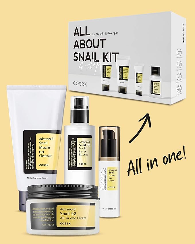 COSRX All About Snail Korean Skincare | TSA Approved Travel Size, Gift Set with Face Gel Cleanser, Essence, Cream & Eye-cream, Repairing, Recovering, Rejuvenating Kit with Snail Mucin, Korean Skincare