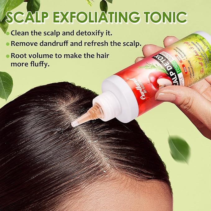 Rosemary & Apple Scalp Exfoliating Tonic - Scalp Detox Serum Deep Cleansing & Clarifying Treatment for Buildup, Dry Flaky Scalps - Soft Silicone Hair Scalps Massager Shampoo Brush for All Hair Types