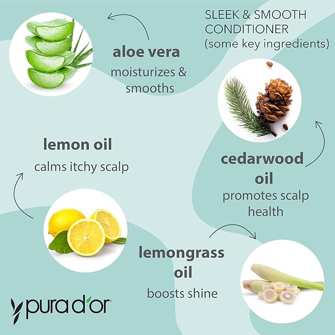 PURA D'OR Sleek & Smooth Shampoo and Conditioner Set For Frizz-Free & Silky Smooth Hair, Infused with Organic Aloe Vera, Argan Oil, Castor Oil, Bergamot Oil & Geranium Oil