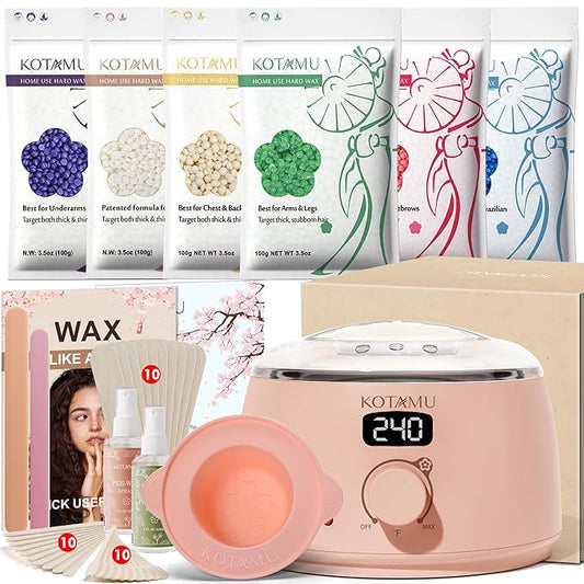 KOTAMU Wax Warmer, Waxing Kit for Women Men Hair Removal, Digital Waxing Machine for Face Eyebrow Bikini Brazilian Leg Body &Sensitive Skin, Pink Wax Kit With 44 Accessories for Home Salon Use