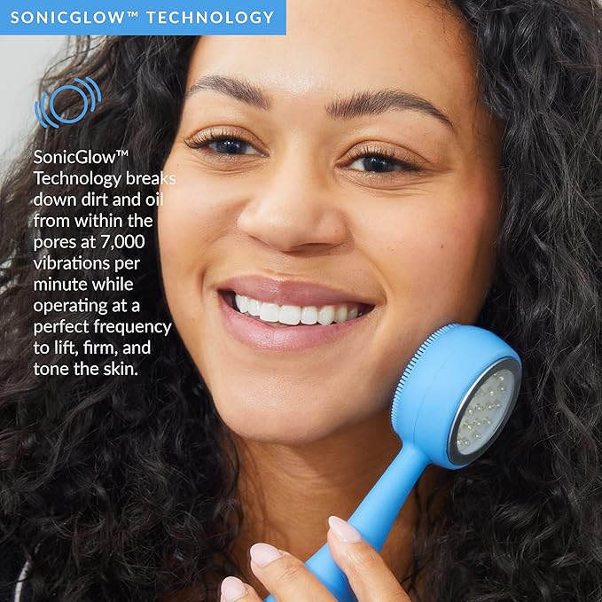 PMD Beauty Facial Cleansing Brush - Smart Silicone Brush with Blue Light Treatment - SonicGlow Vibration - Waterproof Device for Acne