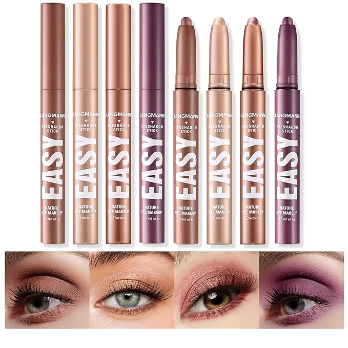 LANGMANNI Eyeshadow Stick,4 PCS Waterproof Multi-Color Eyeshadow Pen Set,Creamy Long-Lasting Eye Makeup Kit,Natural & Shimmer Shades Contour Stick,Gifts For Women (#5+8+12+18-4Colors)