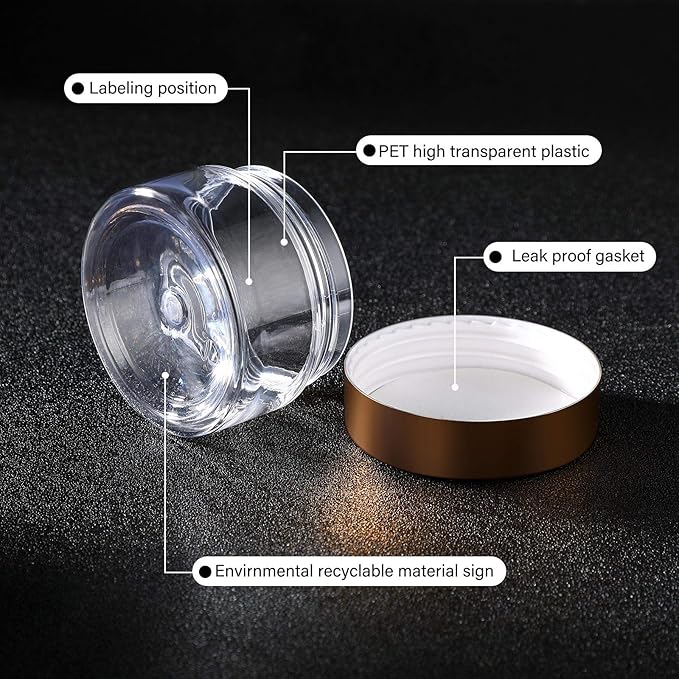 SATINIOR 24 Pieces Empty Clear Plastic Jars with Lids Round Storage Containers Wide-Mouth for Beauty Product Cosmetic Cream Lotion Liquid Butter Craft and Food (Gold Lid,1 oz)