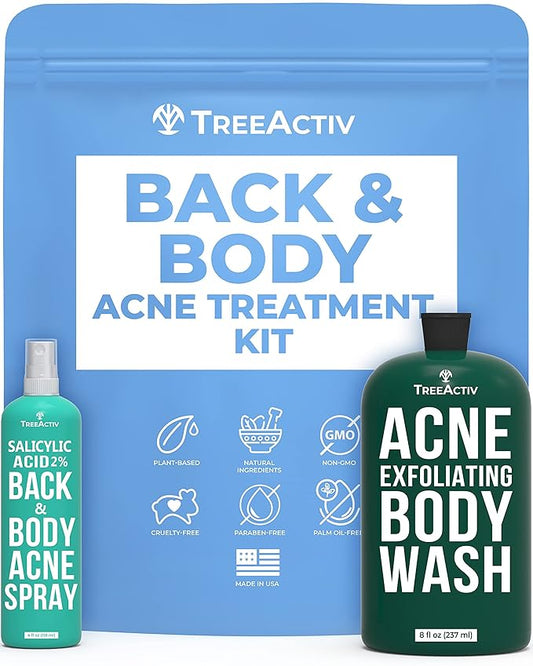 TreeActiv 90-Day Body Acne Treatment Kit, Salicylic Acid Acne Body Spray, Exfoliating Body Acne Wash, Body Acne Treatment for Back, Chest and Butt Acne Removal, Back Acne Treatment For Women and Men