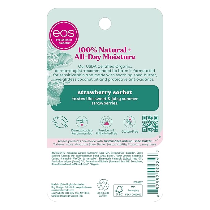 eos 100% Natural & Organic Lip Balm- Strawberry Sorbet, All-Day Moisture, Dermatologist Recommended for Sensitive Skin, Lip Care Products, 0.25 oz