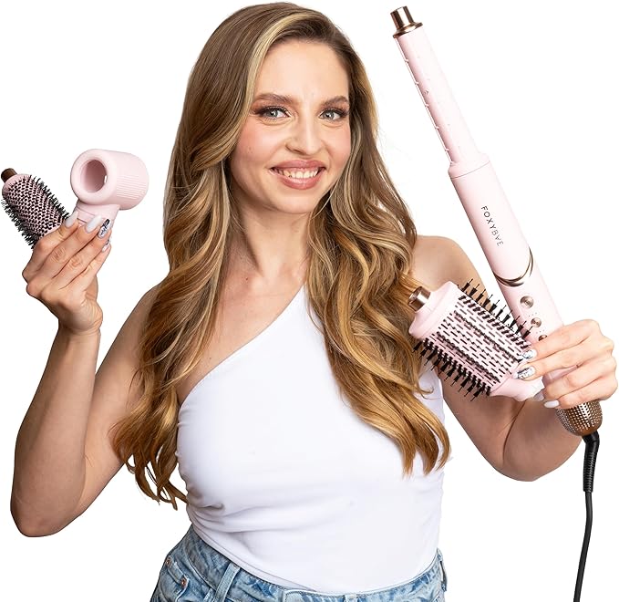 FoxyBae Super Styler Pro Interchangeable 5 in 1 Hair Styler Wand Curling Iron Set - w/Drying Cylinder, Ceramic Blowout & Round Brushes, 2 Auto-Wrap Curlers - Frizz-Free, Smooth Hair [Blush]