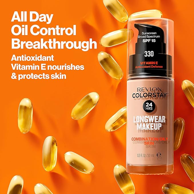 Revlon Liquid Foundation, ColorStay Face Makeup for Combination & Oily Skin, SPF 15, Medium-Full Coverage with Matte Finish, Ivory (110), 1.0 oz