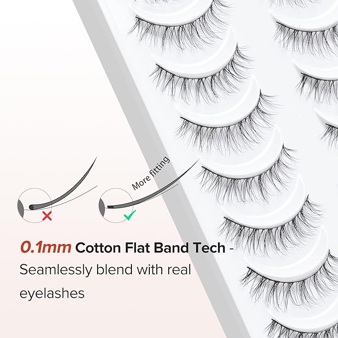 Natural Lashes Wispy False Eyelashes 10mm Short Lashes 3D Volume Strip Lashes Fake Eyelashes Siligli Lashes Thin Band Curly Eye Lashes Pack 10 pair