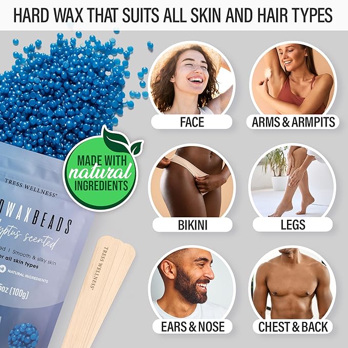 Tress Wellness Waxing Kit for Sensitive Skin – Safe for Face & Skin, Prep & Aftercare Spray, Easy to Use – At-Home Kit for Face, Bikini, Brazilian & Full Body, Black & White