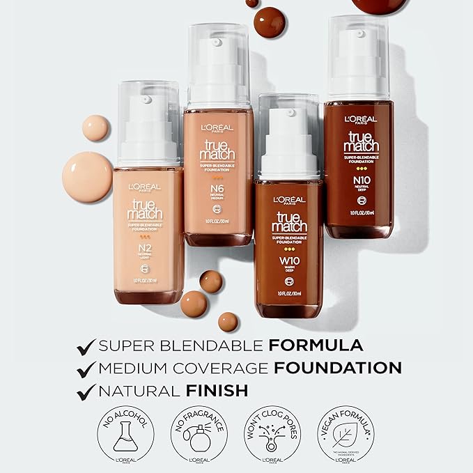 L'Oreal Paris True Match Super-Blendable Foundation, Medium Coverage Liquid Foundation Makeup, C3, Light Medium, 1 Fl Oz