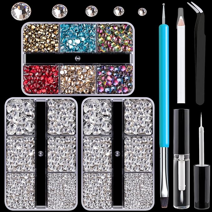 Colorful Face Gems for Makeup Set, Flatback Gorgeous Glass Clear Gems+Mixed-Colored Crystals with Picker Pencil, Makeup Glue, Dual-End Dotting Tool, Tweezer for Eye Body Hair Make-up and Nail Art Deco
