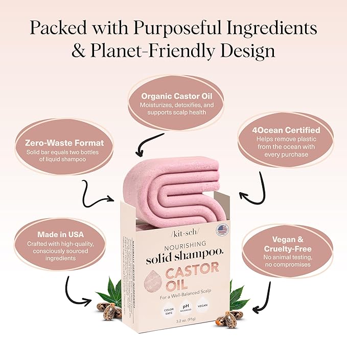 Kitsch Castor Oil Shampoo Bar Soap - Hydrating & Moisturizing Hair Care - Organic Castor Oil Solid Shampoo for Hair Growth & Scalp Nourishment - Silicone & Paraben-Free, Vegan, Made in USA - 3.2oz