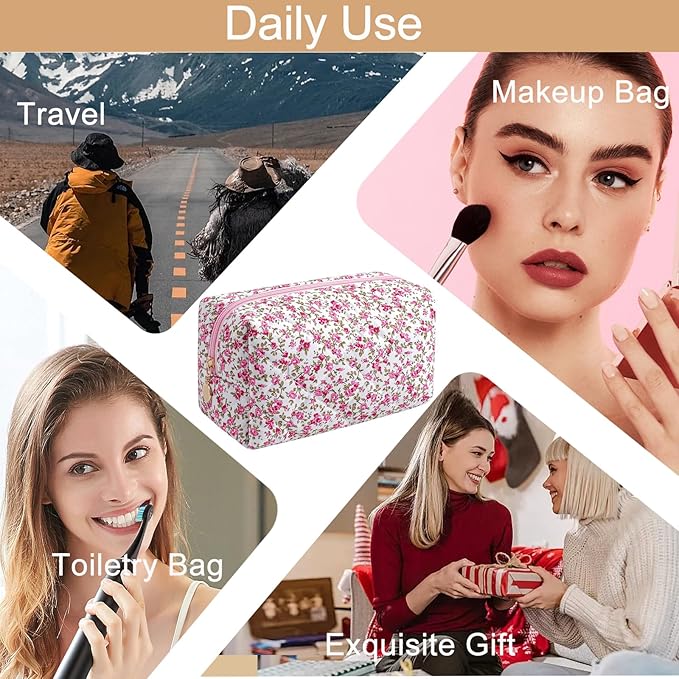 Makeup Bag Travel Cosmetic Bag for Women Girls, Zipper Make Up Pouch, Floral Flowers Toiletry Organizer Makeup, Portable Storage Cosmetic Travel Cloth Bag (Red-Floral)