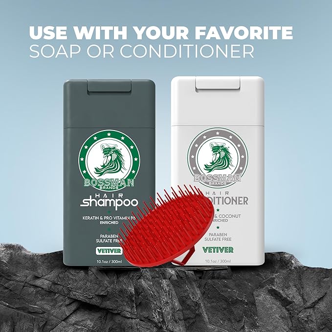 Bossman Scalp Massager & Shampoo Brush (3-inch, Red) – Head Scrubber, Beard Exfoliator & Dandruff Control for Hair & with Firm Bristles